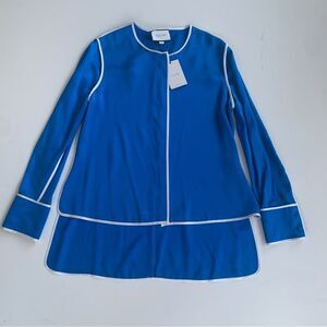 NWT Alexis Diane Blouse Women XL Blue/White Trim Long Sleeve Silk asymmetric